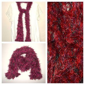 Fuzzy String Scarf Maroon Red Black Warm Crocheted Woman Fashion Accessory S72